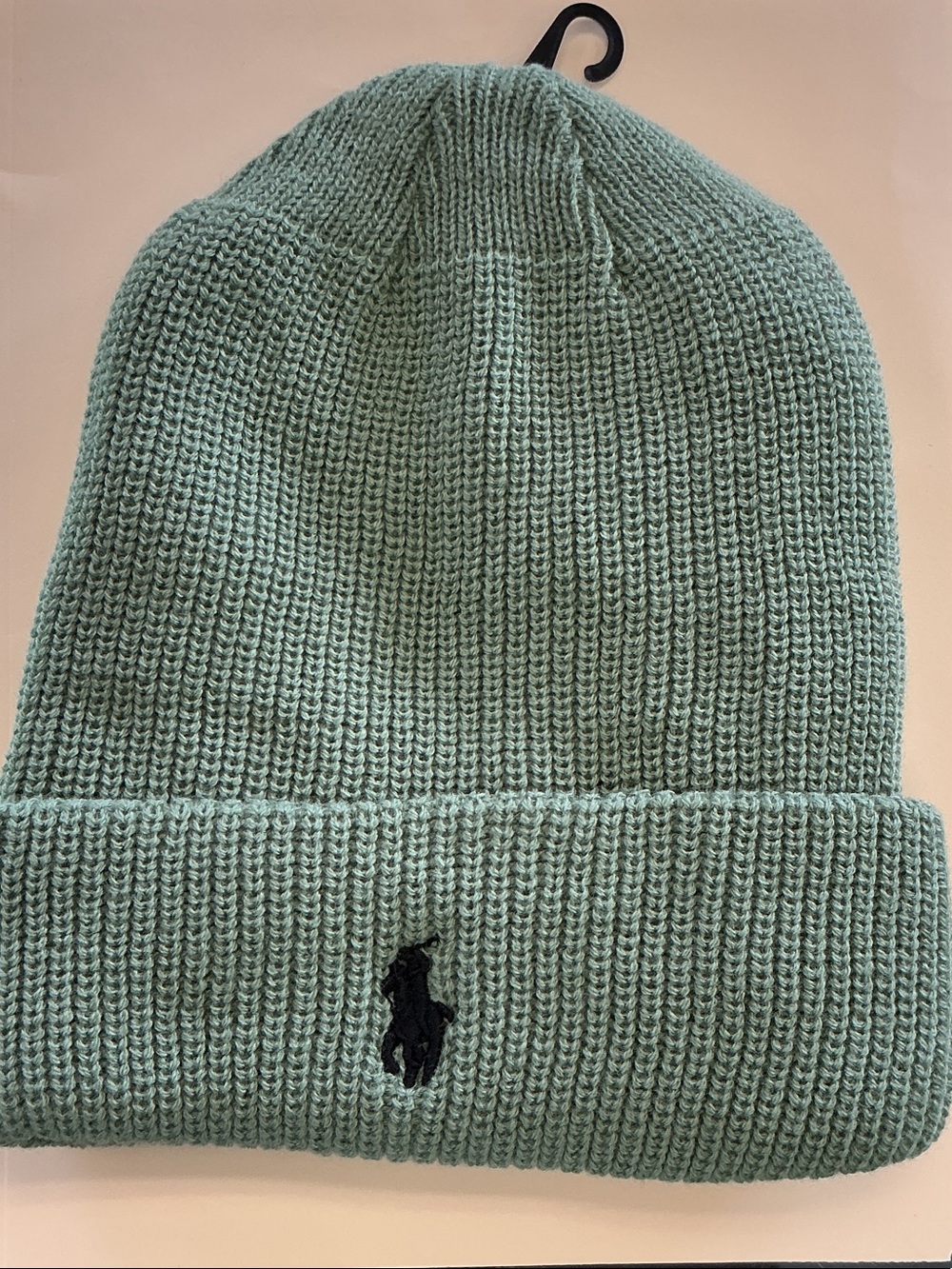 Ralph Lauren Light Mint Ribbed Knit Beanie with Black Logo